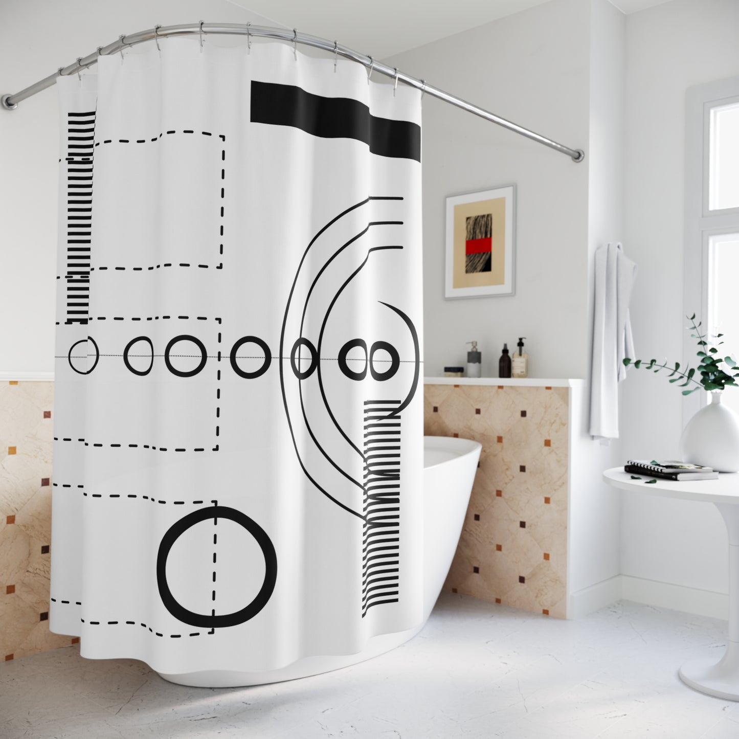 Modern Geometric Shower Curtain - Stylish Bath Decor with Colorful Bird Design