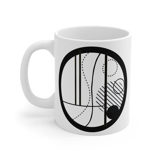 Abstract Oval Mug | 11oz Ceramic Coffee Mug | Black & White Line Art with Architectural Flair