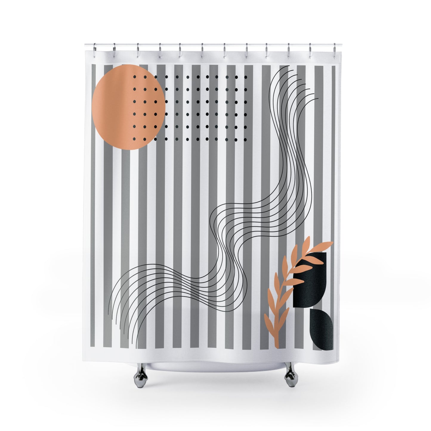 Abstract Neutral Botanical Shower Curtain – Stripes, Dots & Peach Accents