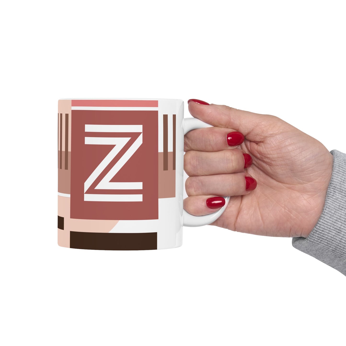 "Z" Geometric Grid – Terracotta & Espresso Abstract Monogram Mug | 11 oz Mug