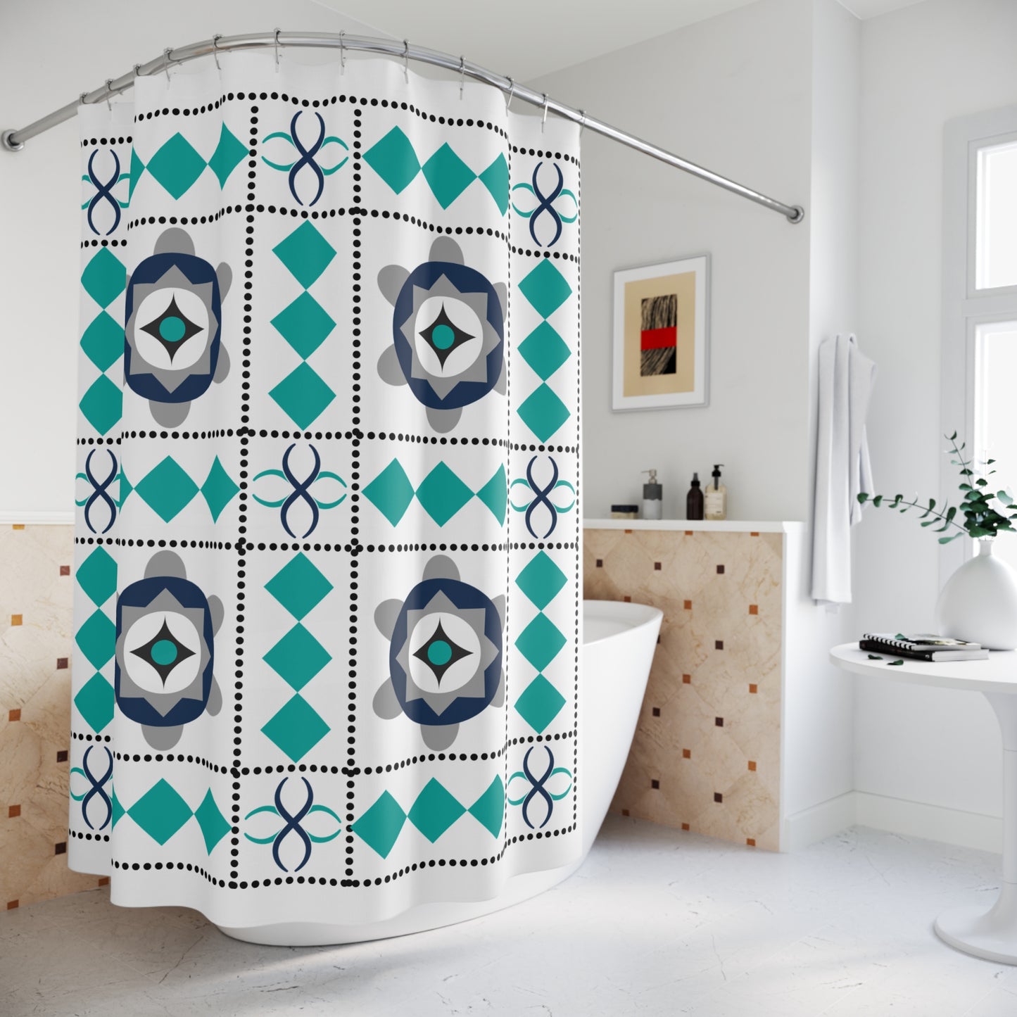 Geometric Floral Tile Shower Curtain – Teal, Navy & Gray Pattern