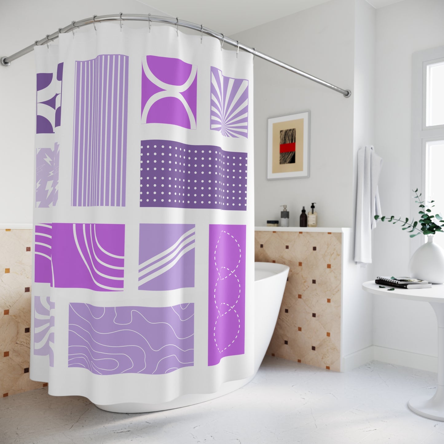 Purple Patchwork Shower Curtain – Pop Art Geometric Collage