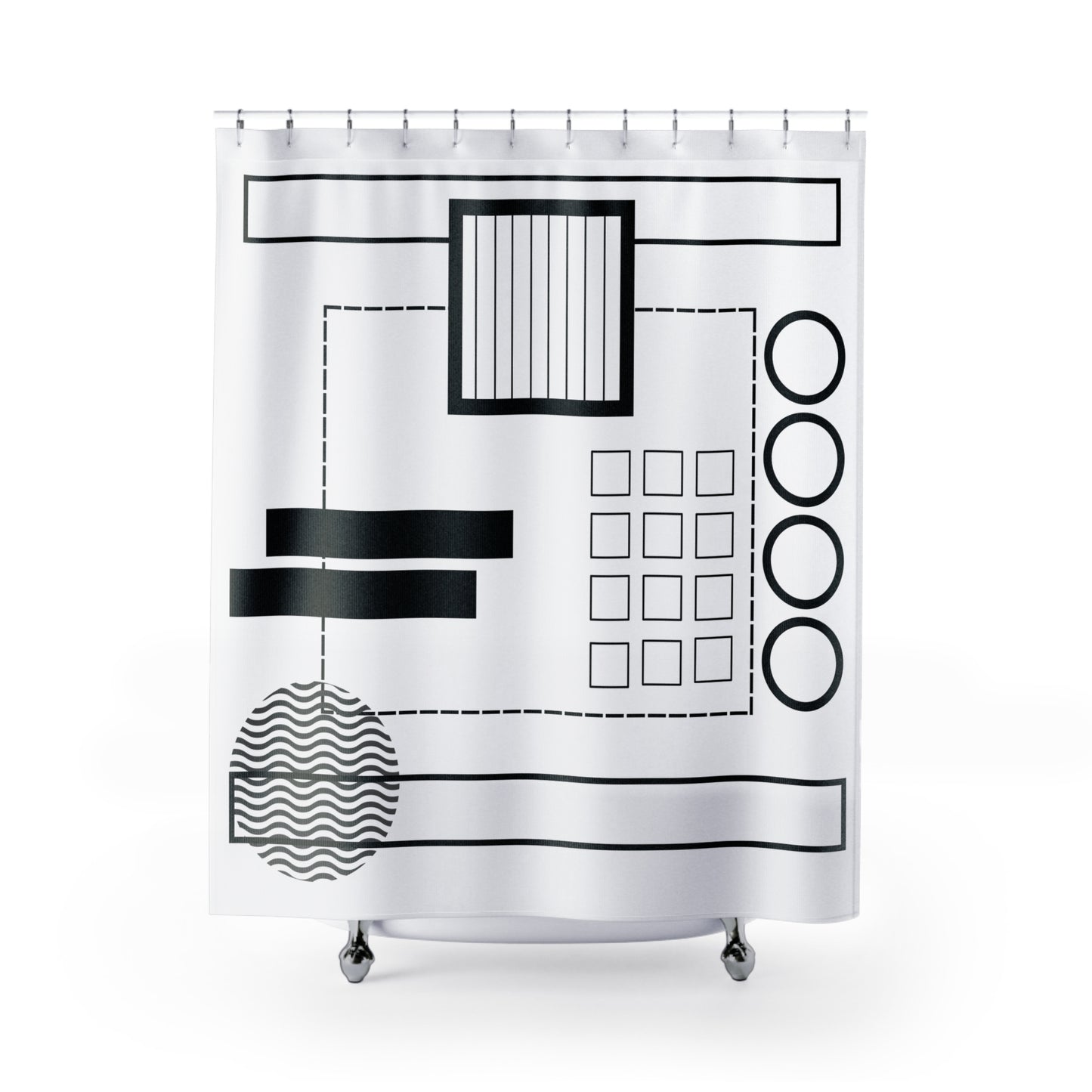 Minimalist Geometric Shower Curtain – Wavy Circle & Bar Grid Design