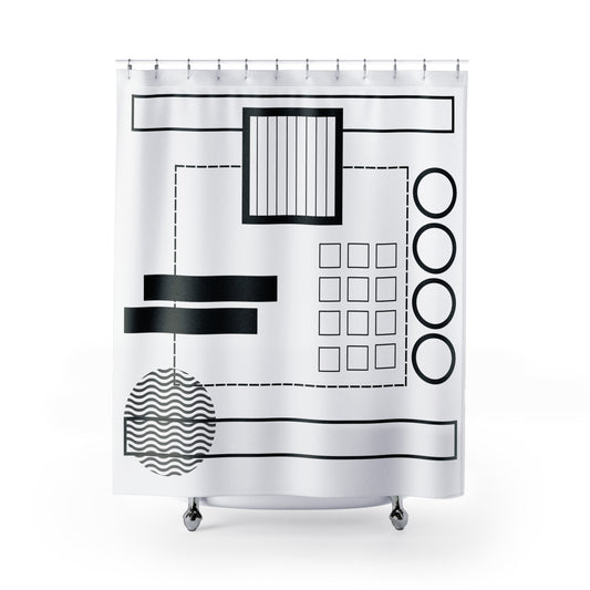 Minimalist Geometric Shower Curtain – Wavy Circle & Bar Grid Design