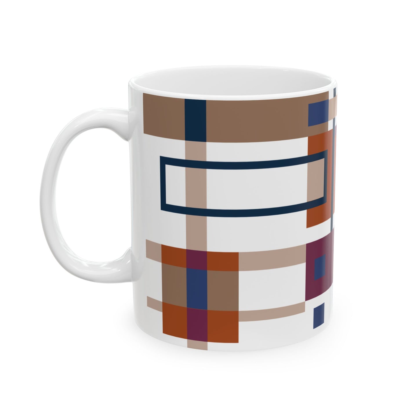 Modern Abstract Plaid Coffee Mug | Geometric Tartan Designer Tea Cup | Navy Blue and Terracotta Checkered Mug | Warm Minimalist Decor | Mid-Century Kitchenware | 11 oz Mug