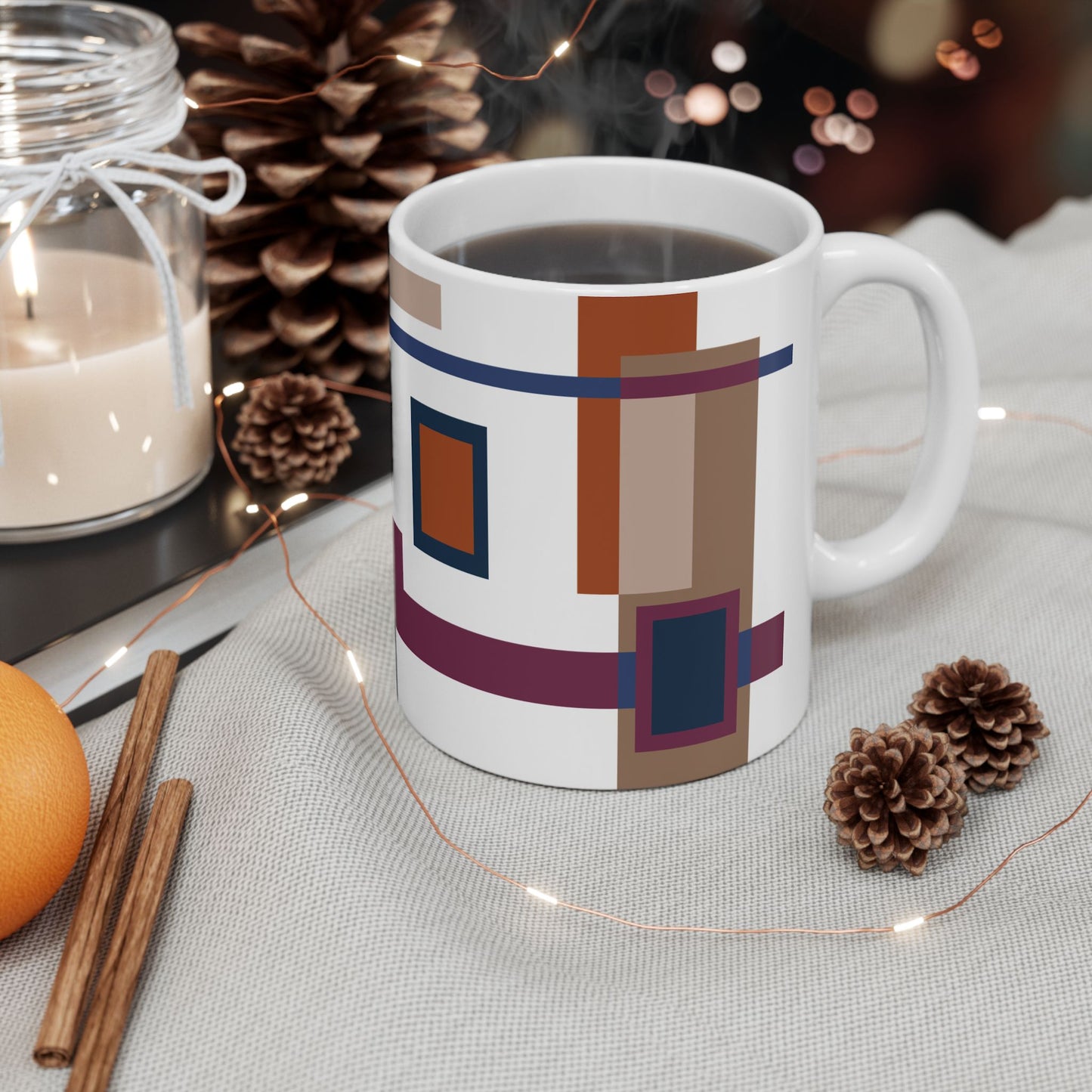 Modern Abstract Plaid Coffee Mug | Geometric Tartan Designer Tea Cup | Navy Blue and Terracotta Checkered Mug | Warm Minimalist Decor | Mid-Century Kitchenware | 11 oz Mug