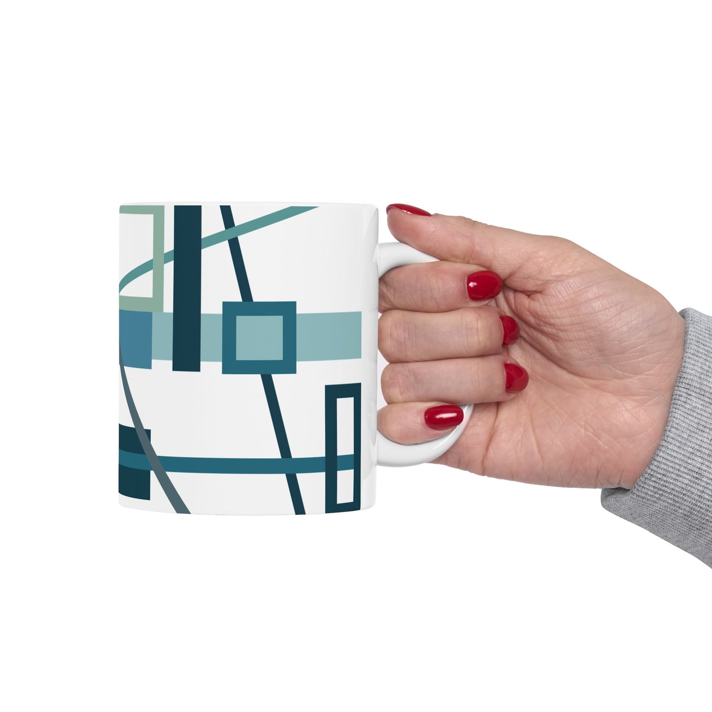 Modern Teal Geometric Abstract Mug | Aqua & Navy Blue Architectural Coffee Cup | Minimalist Designer Tea Mug | Clean Line Desk Decor | Mid-Century Kitchenware | 11 oz Mug