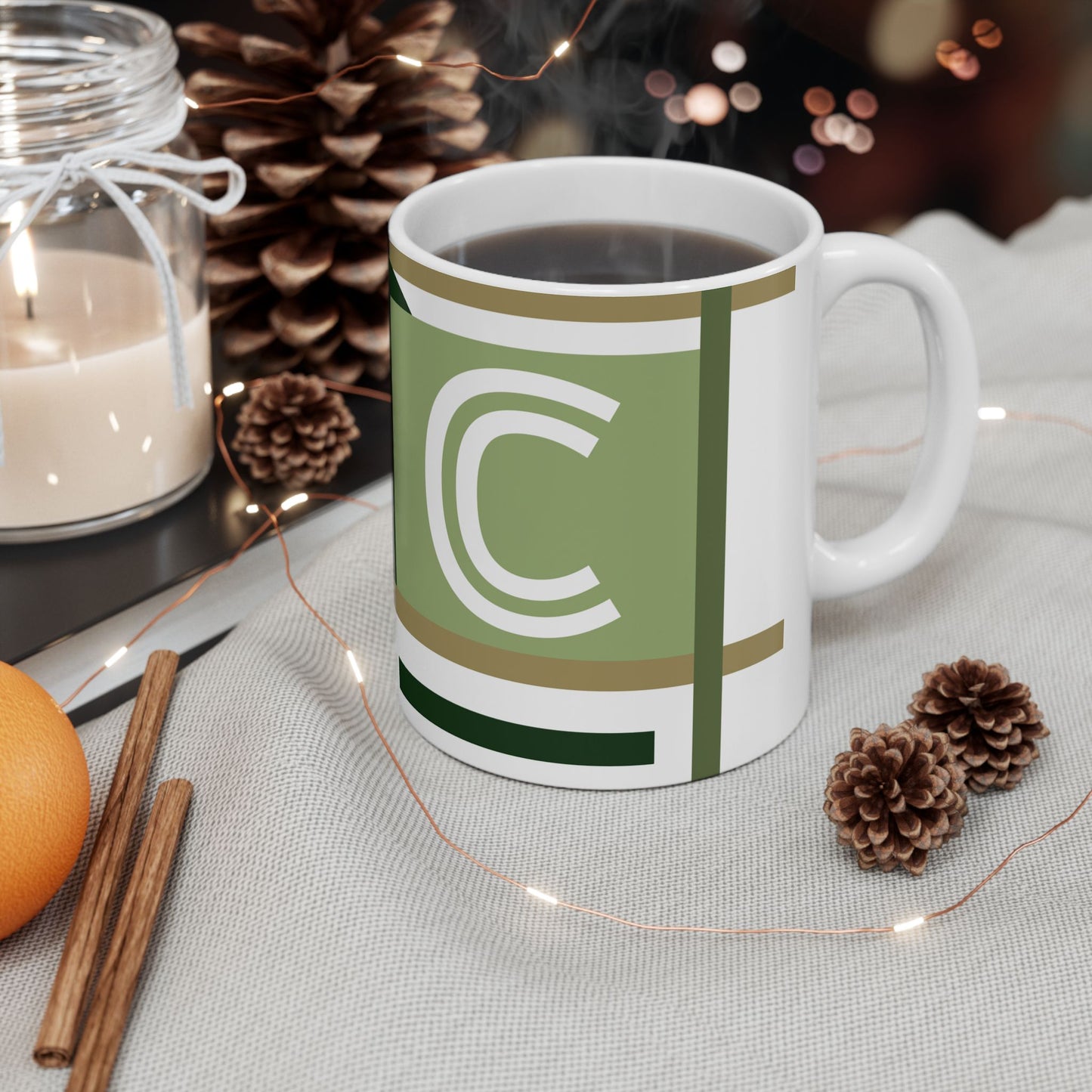 "C" Architectural Grid – Sage & Forest Geometric Monogram Mug | 11 oz Mug