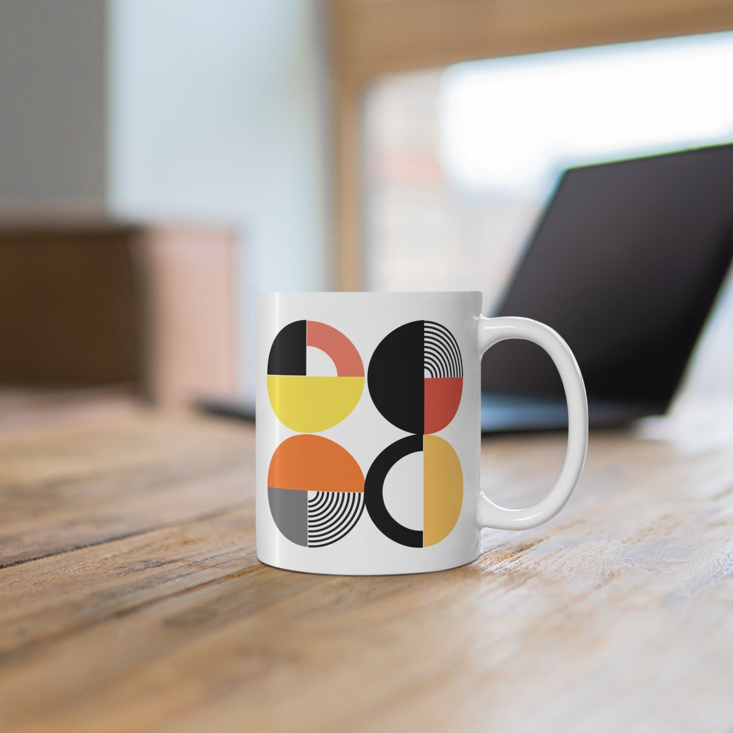 Geometric Harmony Mug – Modern Abstract Shapes on White Ceramic