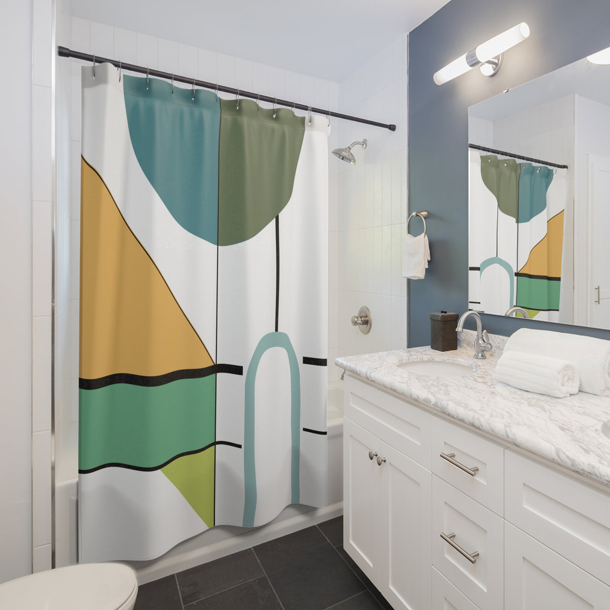 Modern Abstract Geometric Shower Curtain – Clean Bold Balance