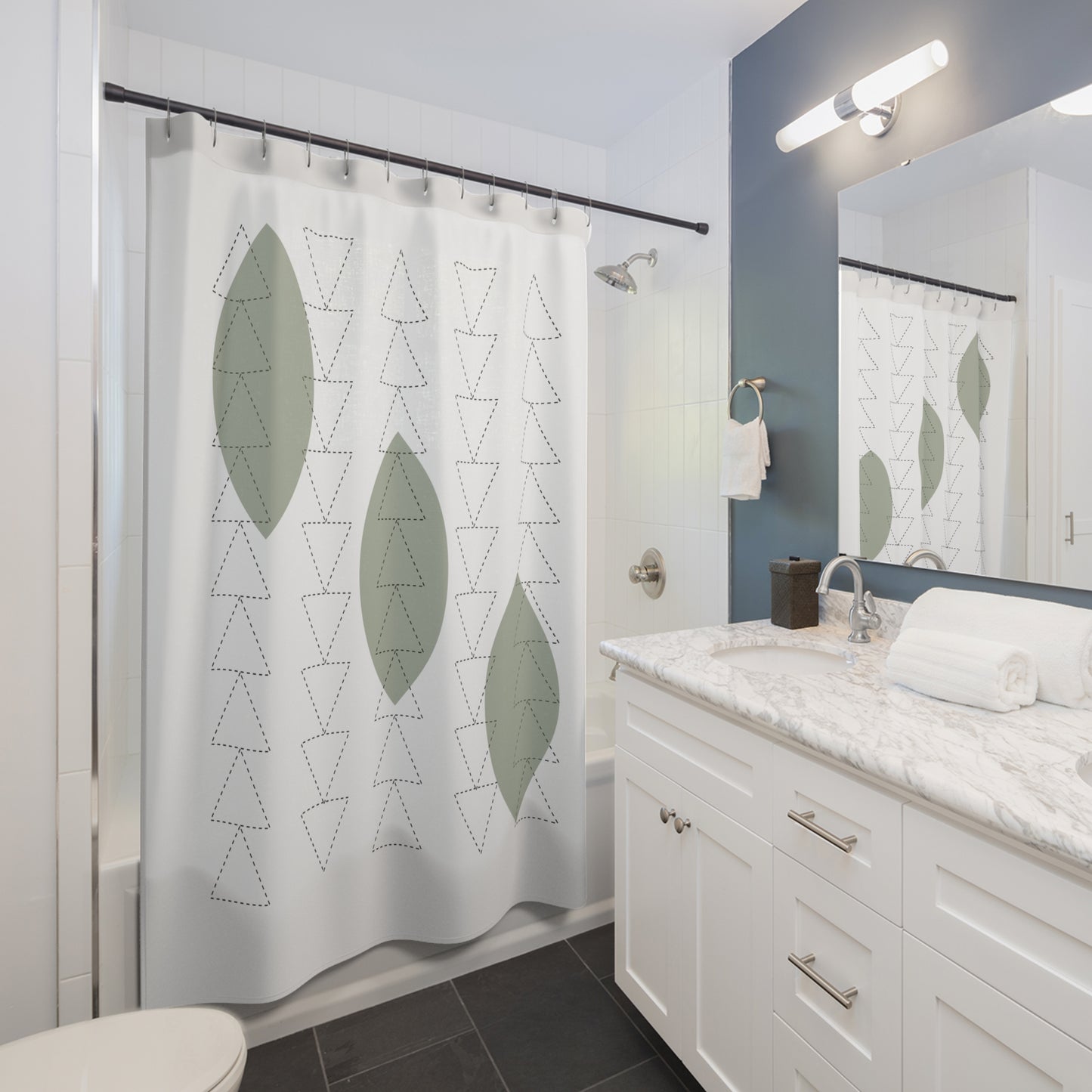 Minimalist Botanical Shower Curtain – Olive Green Leaves & Triangle Texture