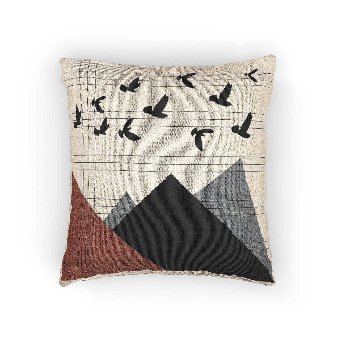 “Trio Peaks” – Geometric Mountain Throw Pillow in Red, Black & Gray