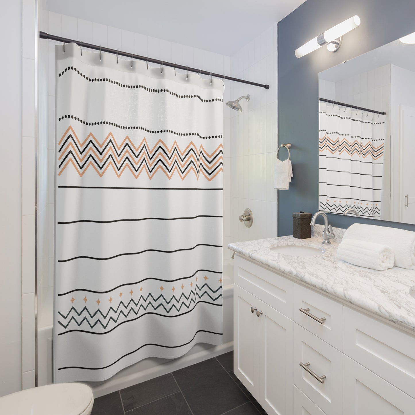 Southwestern Chevron Shower Curtain – Peach & Charcoal Zigzag Motif