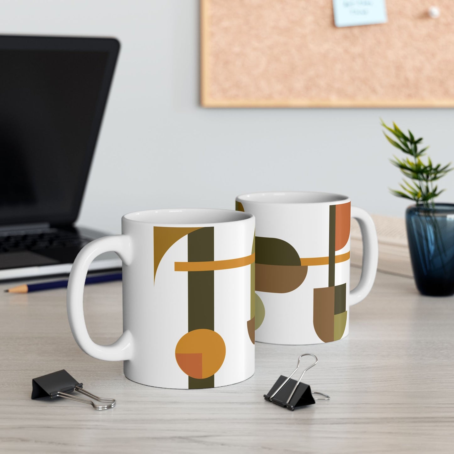 Earthy Geometric Abstract Coffee Mug | Olive Green & Terracotta Art Mug | Mid-Century Kitchenware | 11 oz Mug