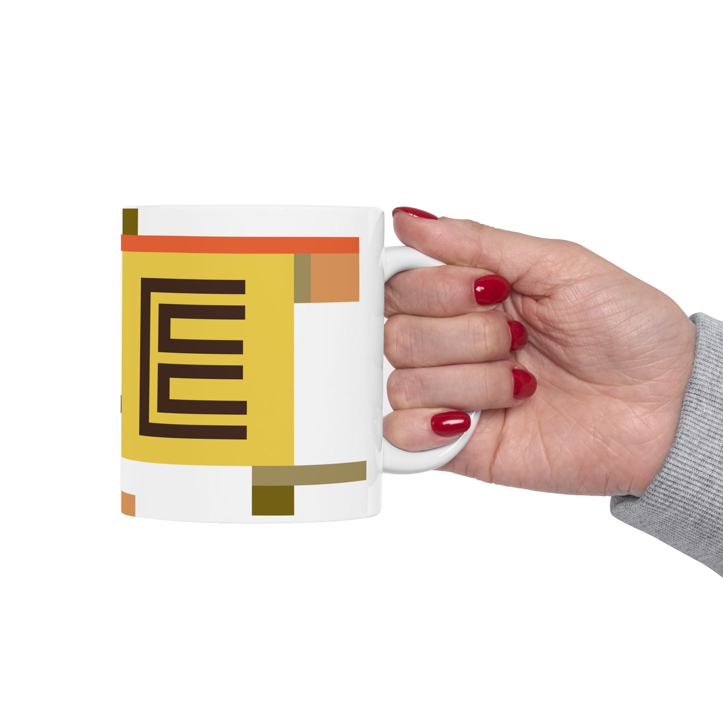 "E" Bauhaus Blueprint – Ochre & Earth Geometric Monogram Mug | 11 oz Mug