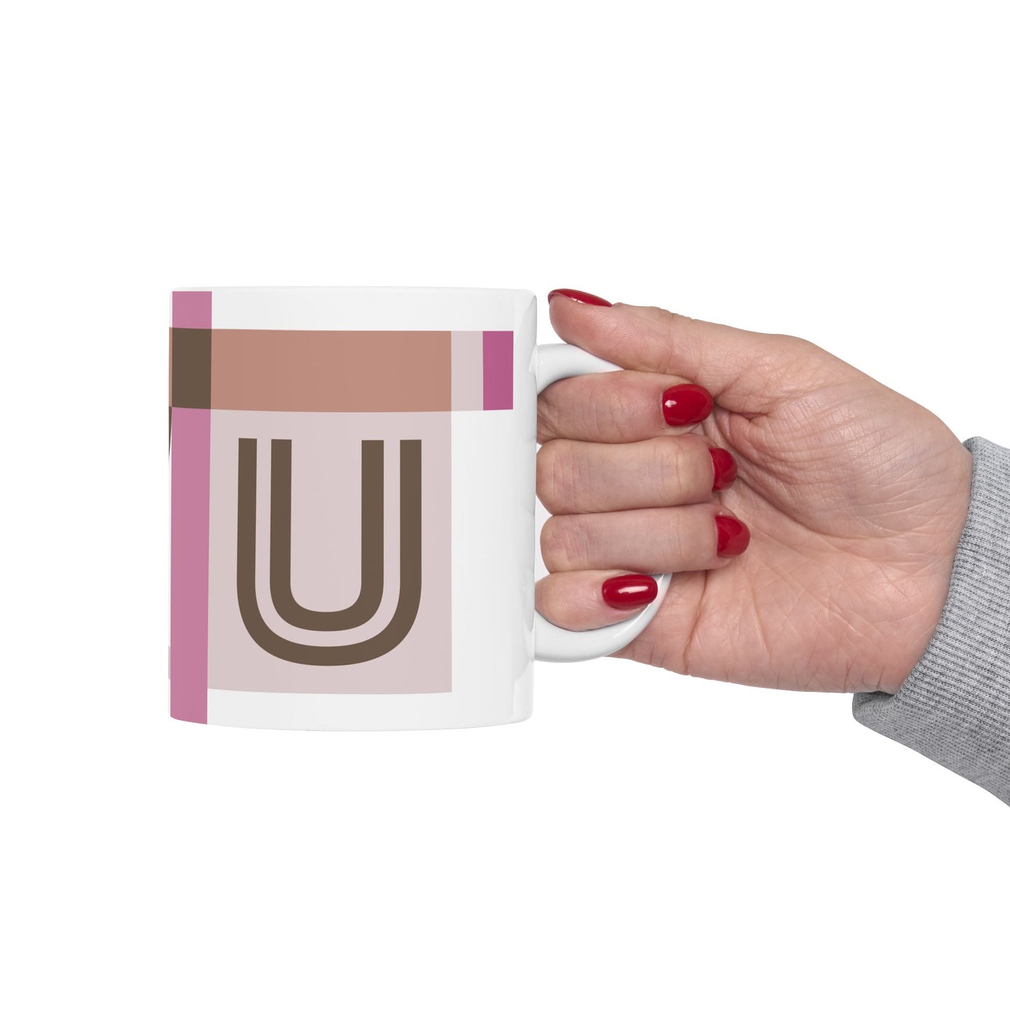 "U" Geometric Monogram Mug – Mod Pink & Taupe Bauhaus Design | 11 oz Mug