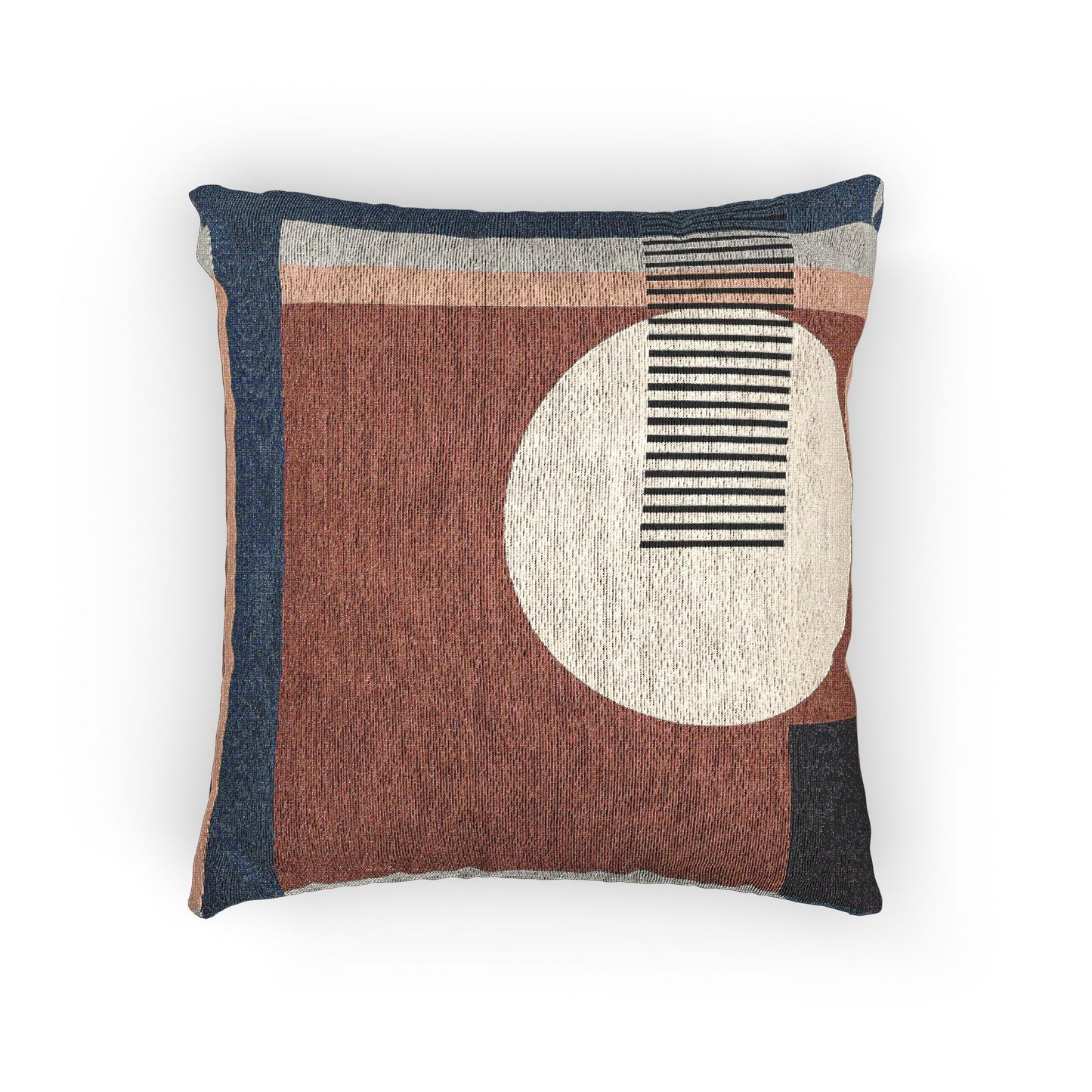 Modern Abstract Throw Pillow | Bauhaus-Inspired Circle & Stripes Cushion | Terra Cotta & Denim Decor