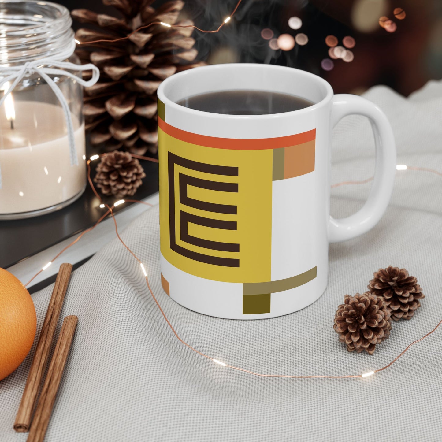 "E" Bauhaus Blueprint – Ochre & Earth Geometric Monogram Mug | 11 oz Mug