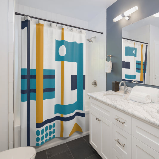 Grid Rhythm Shower Curtain – Teal, Mustard & Navy Geometry