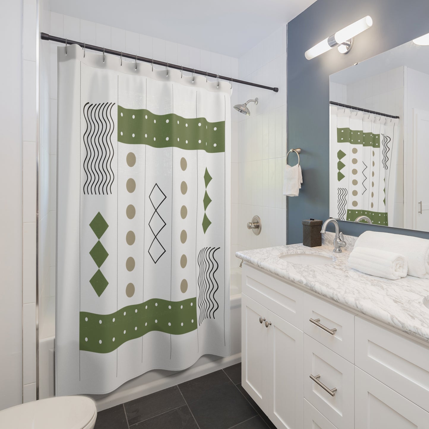 Earthy Modern Grid Shower Curtain – Olive, Taupe & Black Geometric Pattern