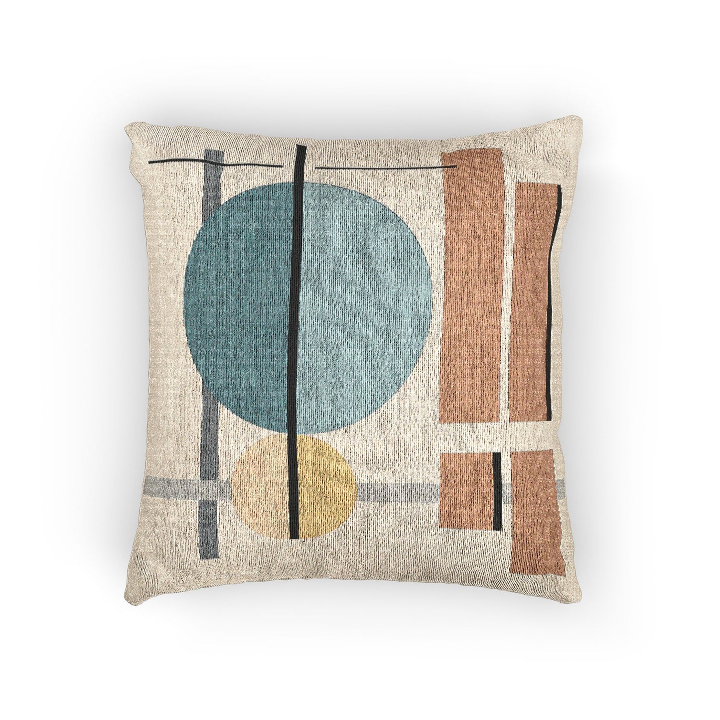Dual Spectrum Throw Pillow – Cyan, Yellow & Earth-Tone Geometry