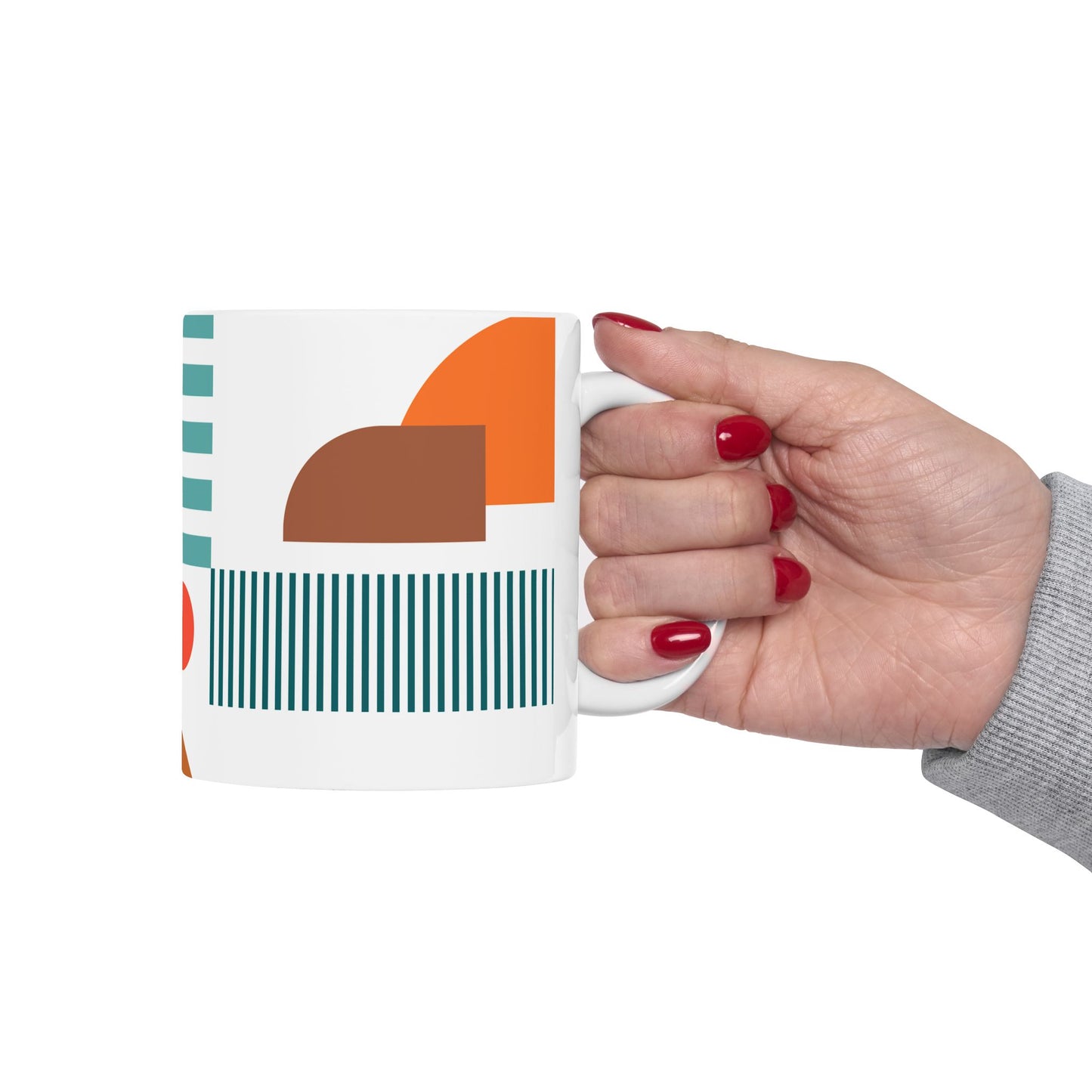 Playful Geometry Mug – Circles & Stripes in Teal & Orange | Mid-Century Kitchenware | 11 oz Mug