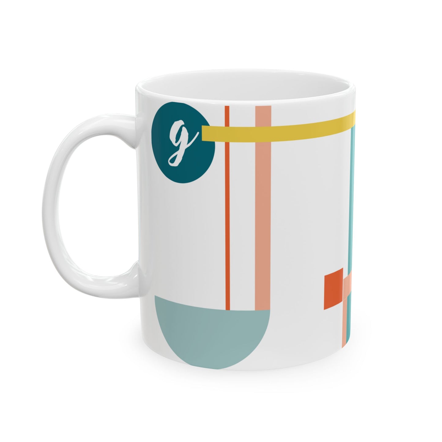 "G" Geometric Composition – Bauhaus Abstract Monogram Mug | 11 oz Mug