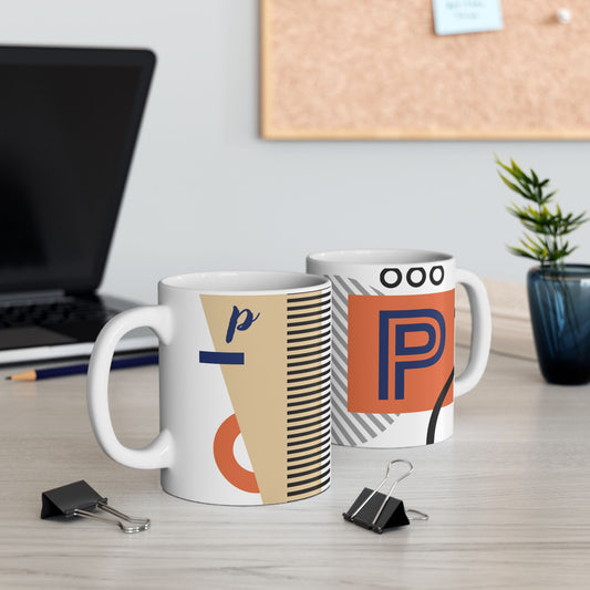 "P" Constructivist Monogram Mug – Bauhaus Geometric Studio Cup | 11 oz Mug