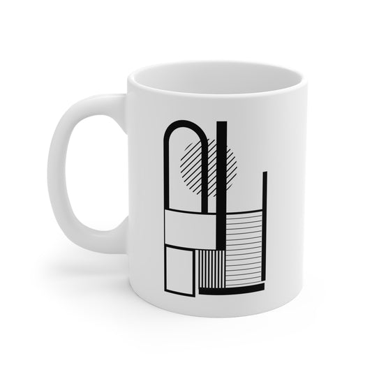 Modern Stripe & Stack Mug | 11oz Ceramic Coffee Mug | Black & White Minimalist Abstract Design