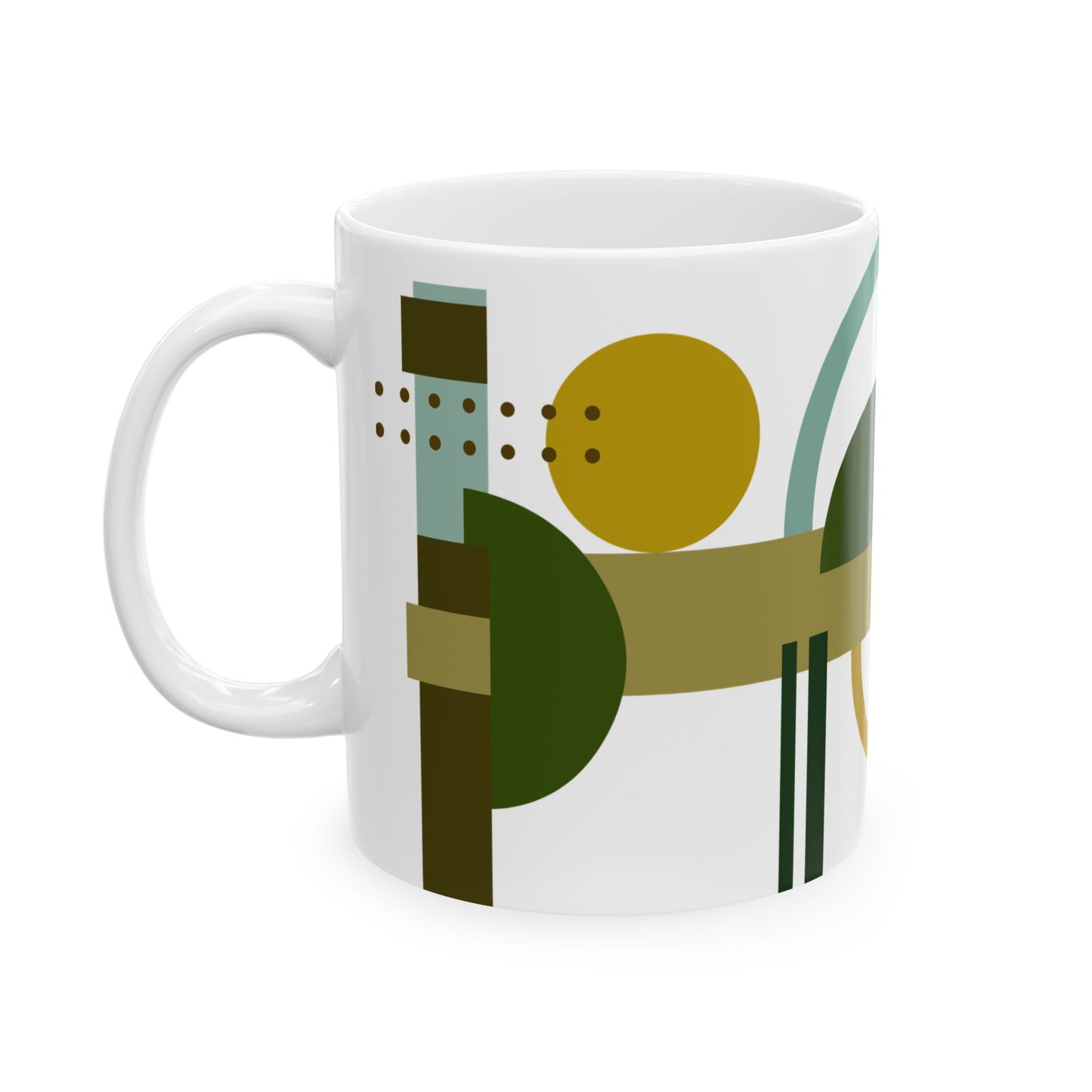 Dynamic Geometric Abstract Coffee Mug | Earthy Green & Gold Art Mug | Modern Curated Kitchenware | 11 oz Mug