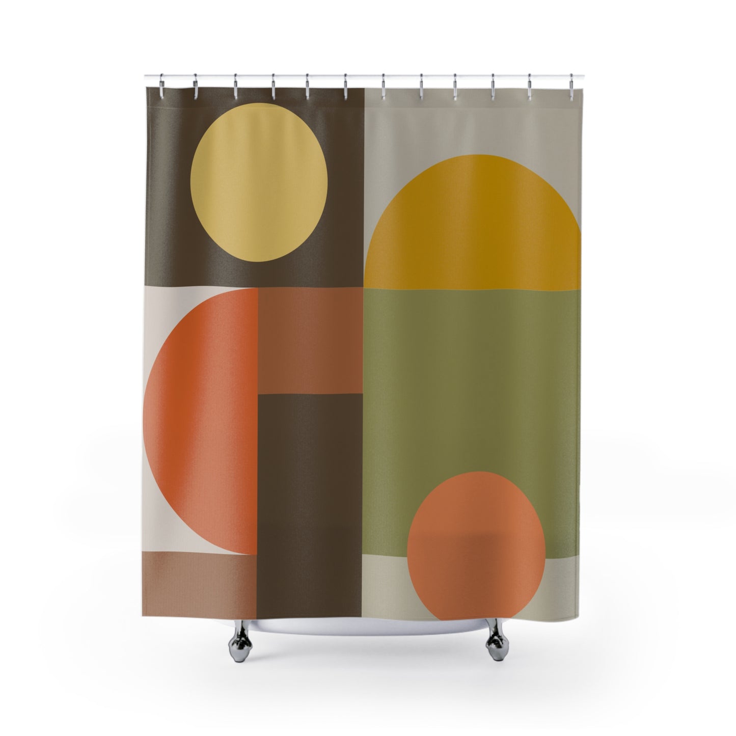 Mid-Century Modern Geometric Shower Curtain | Earth Tones Circles & Squares Art