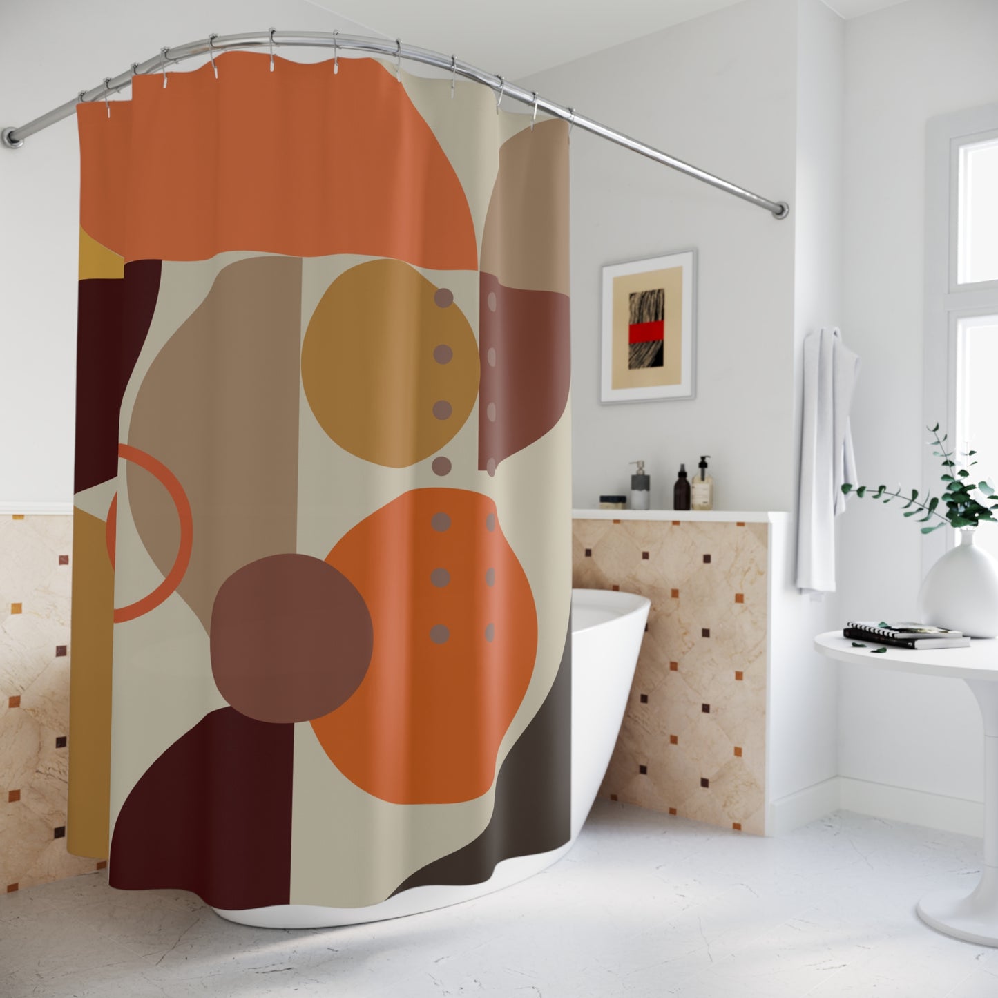 Retro Abstract Geometric Shower Curtain | Warm Earth Tones & Terracotta Art Decor
