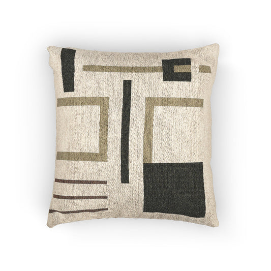 Signal Grid Throw Pillow – Beige & Brown Geometry on Black