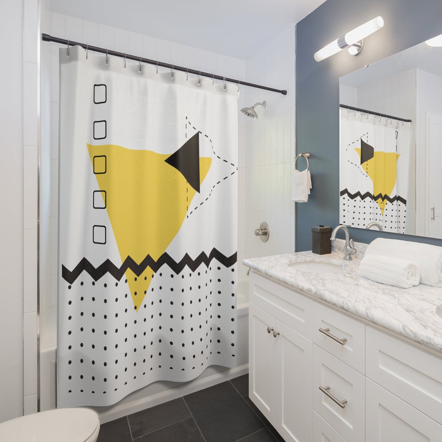 Bold Geometric Triangle Shower Curtain – Yellow, Black & Dotted Abstract