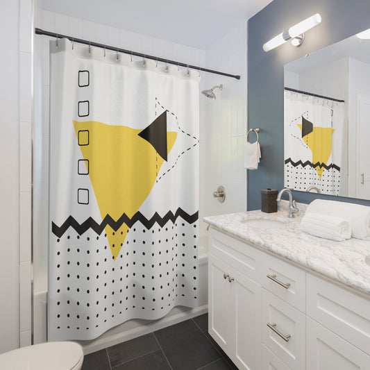 Bold Geometric Triangle Shower Curtain – Yellow, Black & Dotted Abstract