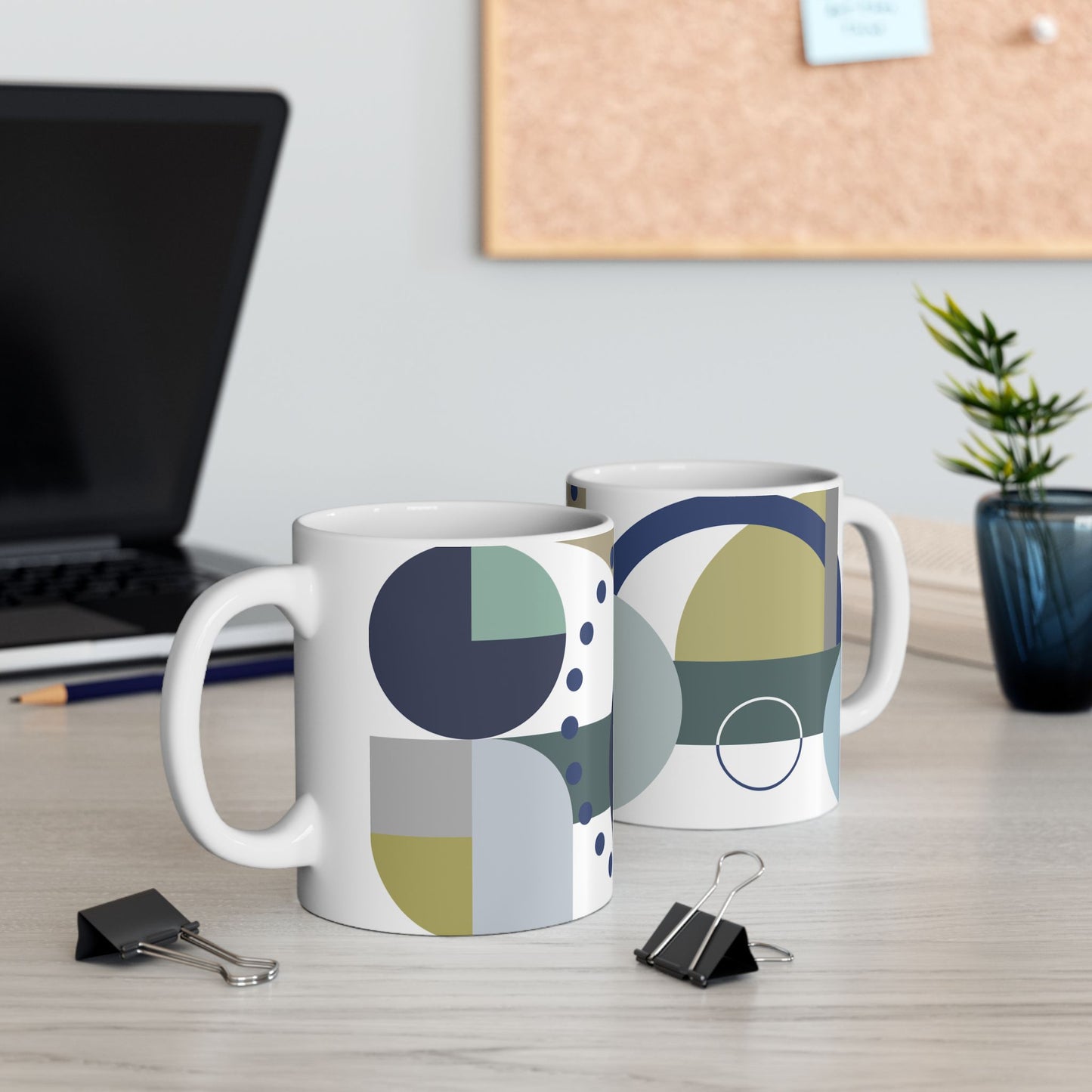 Modern Circular Abstract Mug | Navy Blue & Sage Geometric Coffee Cup | Contemporary Art Designer Tea Mug | Cool Tone Minimalist Decor | Mid-Century Kitchenware | 11 oz Mug