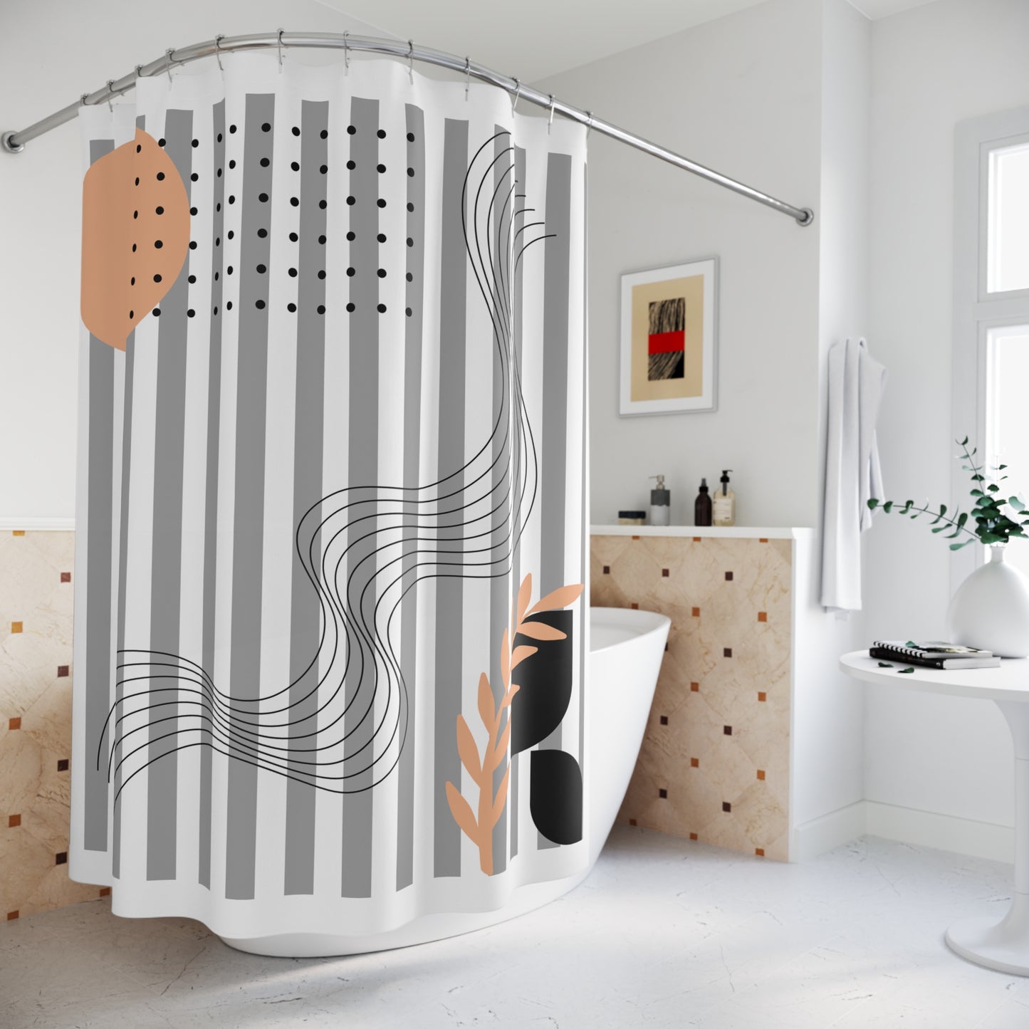 Abstract Neutral Botanical Shower Curtain – Stripes, Dots & Peach Accents