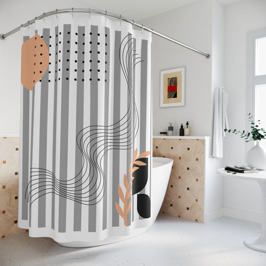 Abstract Neutral Botanical Shower Curtain – Stripes, Dots & Peach Accents