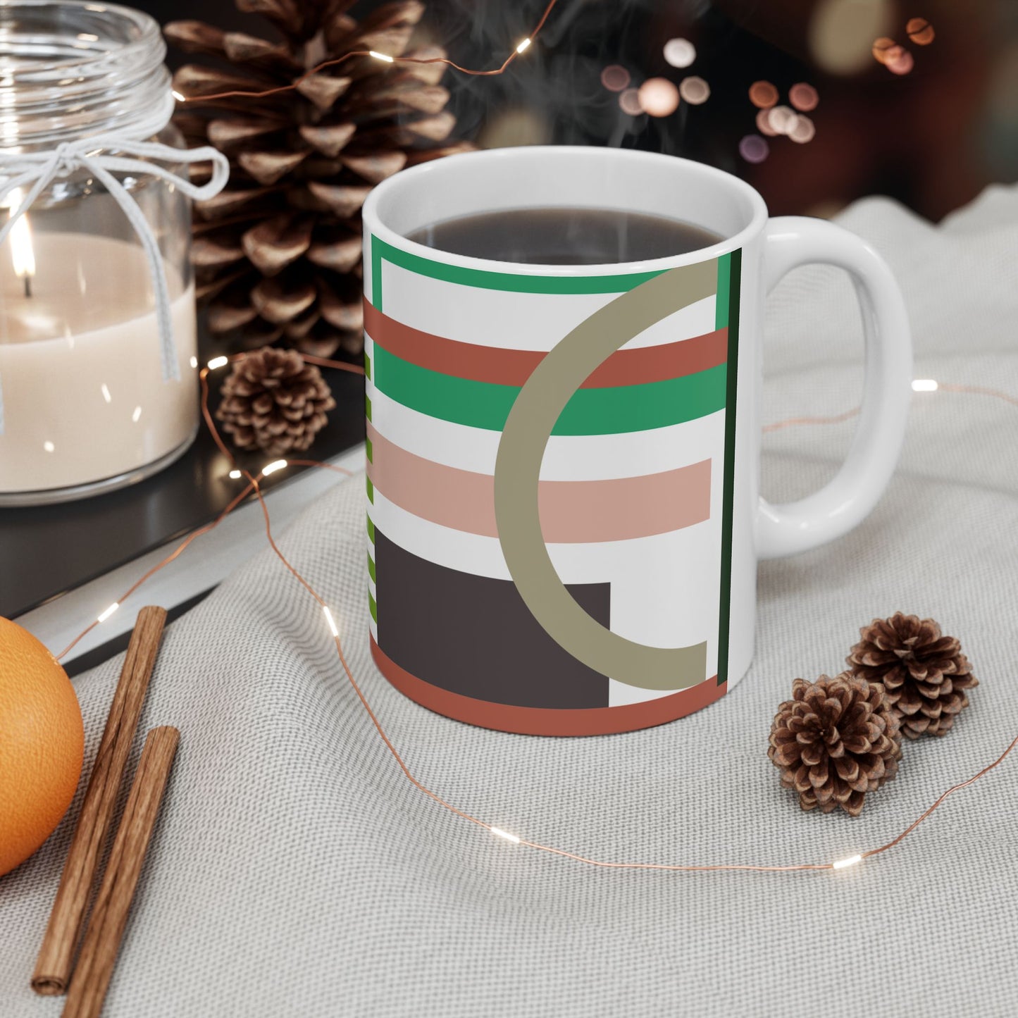 Mid-Century Modern Abstract Geometric Mug | Earth Tone Minimalist Ceramic Coffee Cup | Mid-Century Kitchenware | 11 oz Mug