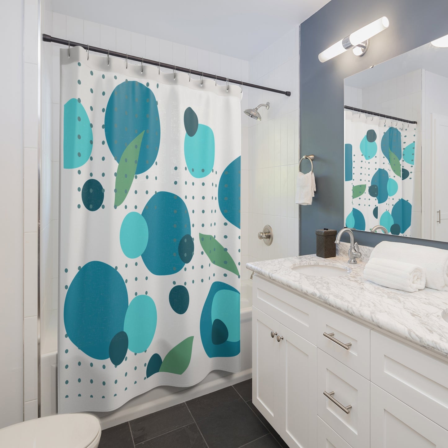 Playful Aqua Bubble Shower Curtain – Teal, Mint & Leafy Dot Pattern