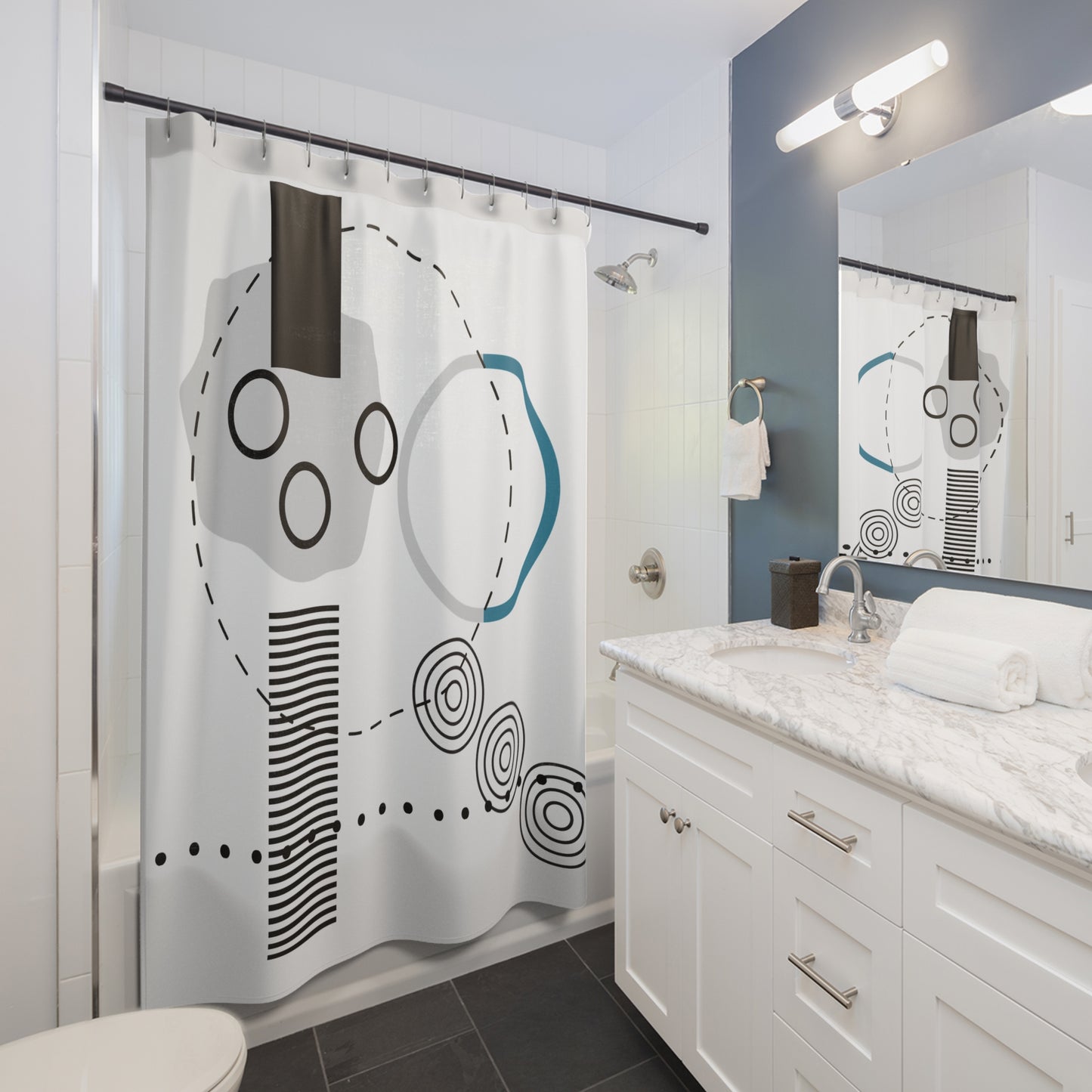 Futuristic Abstract Shower Curtain – Celestial Blueprint Design