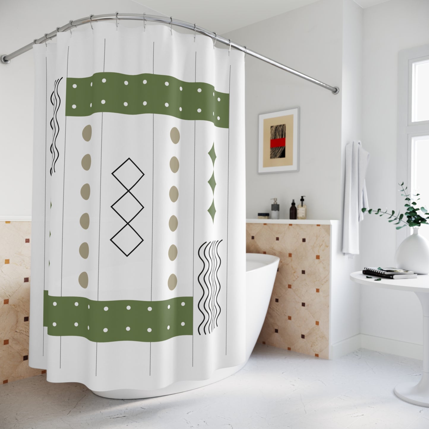 Earthy Modern Grid Shower Curtain – Olive, Taupe & Black Geometric Pattern