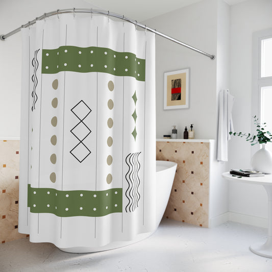 Earthy Modern Grid Shower Curtain – Olive, Taupe & Black Geometric Pattern