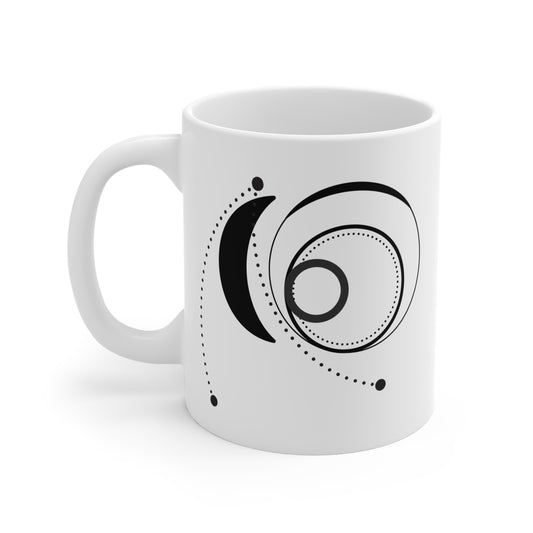 Orbital Path Mug | 11oz Ceramic Coffee Mug | Minimalist Black Abstract Design with Dotted Arcs