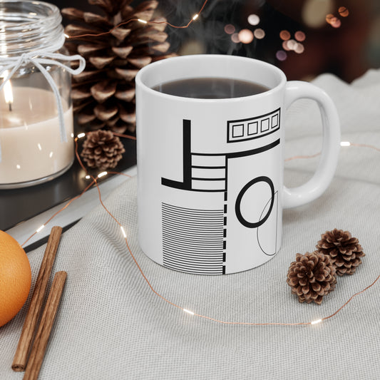 Geometric Minimalist Mug | 11oz Ceramic Coffee Mug | Black & White Square Grid Abstract Design
