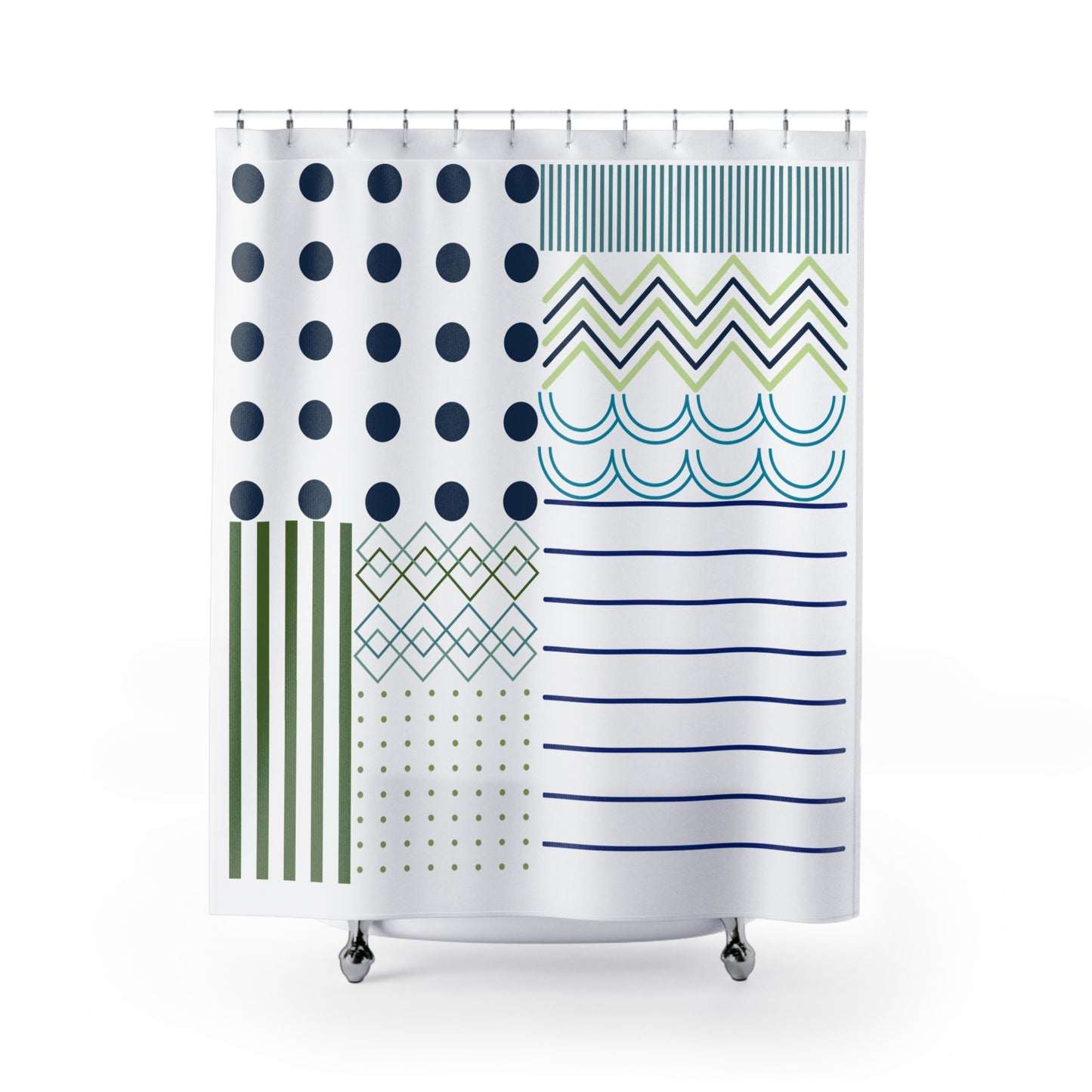 Bold Pattern Block Shower Curtain – Navy, Olive & Teal Abstract Grid