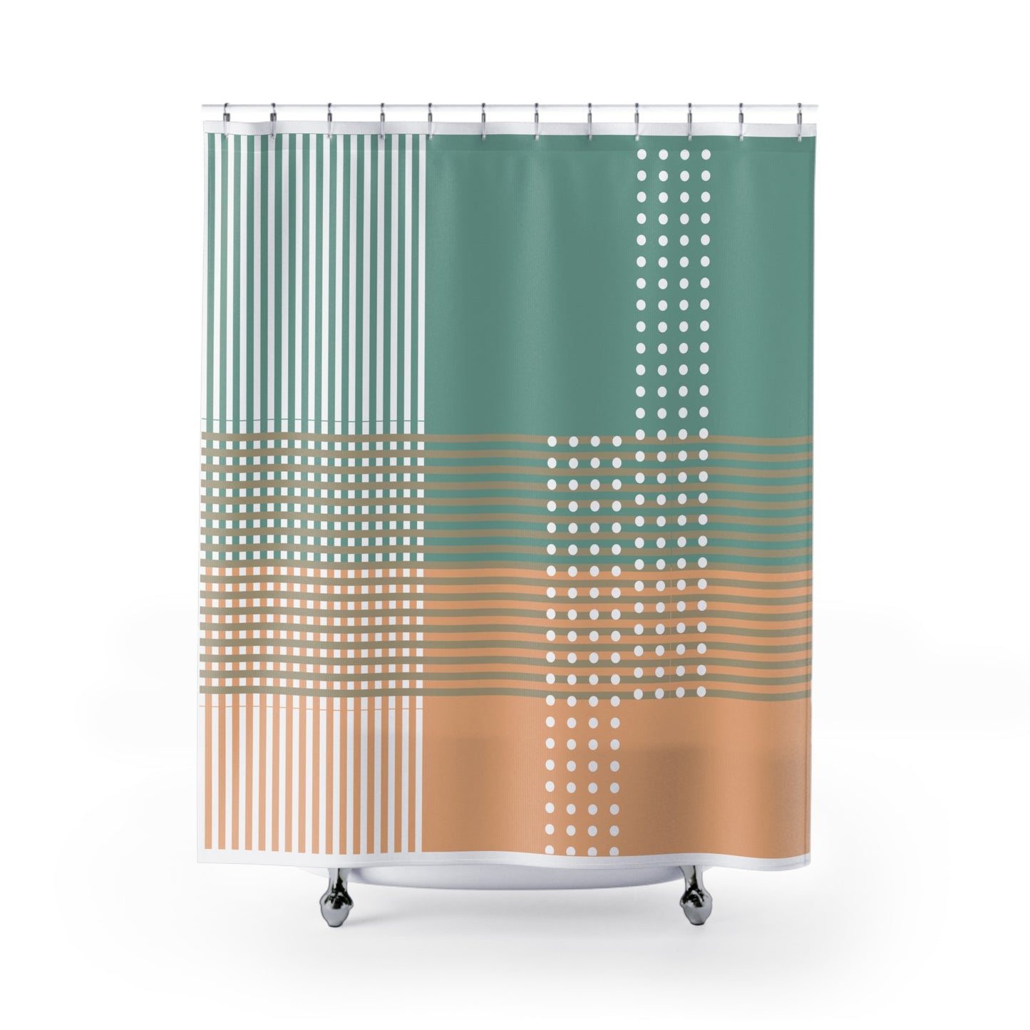 Modern Grid Art Shower Curtain – Sage Green, Peach & White Overlay