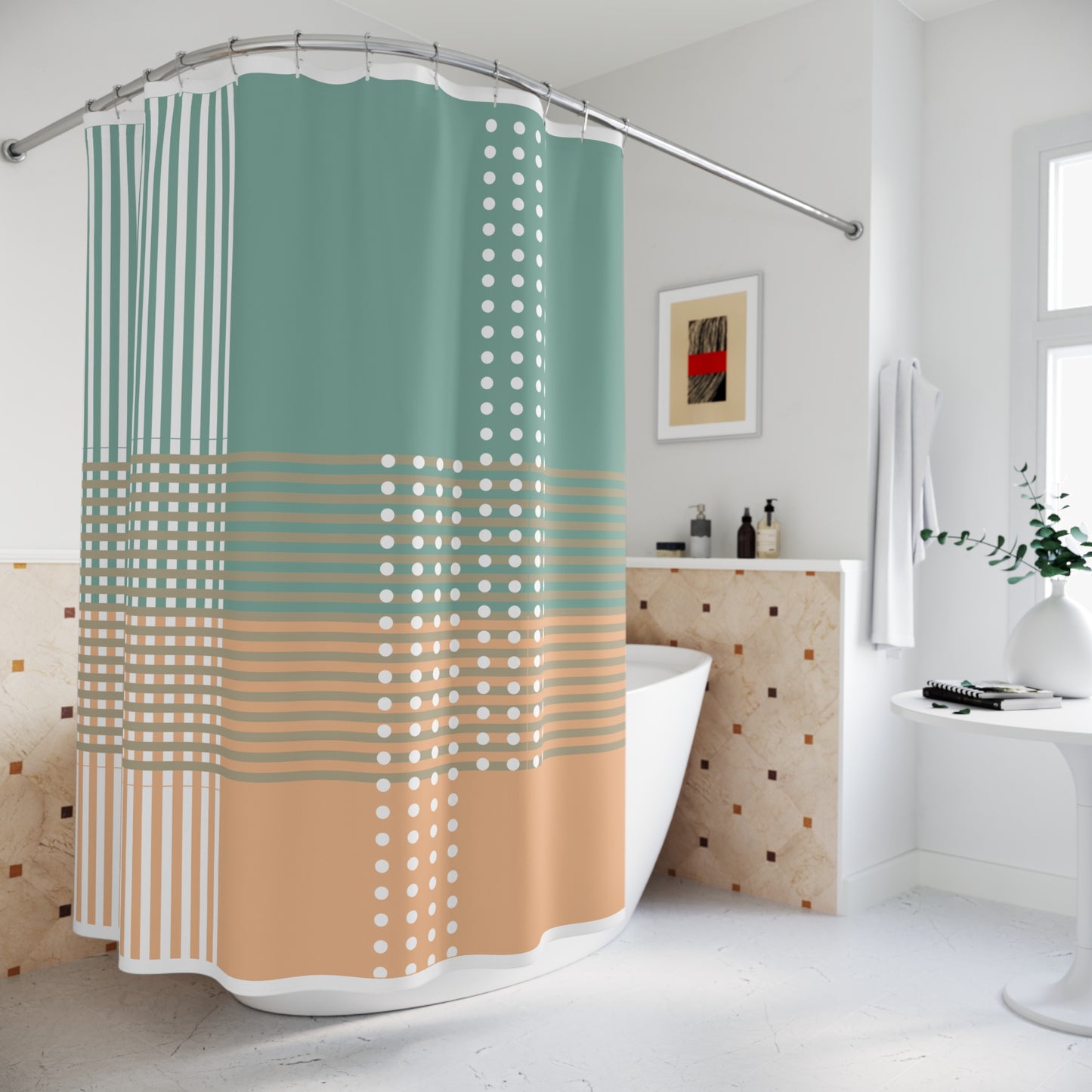 Modern Grid Art Shower Curtain – Sage Green, Peach & White Overlay