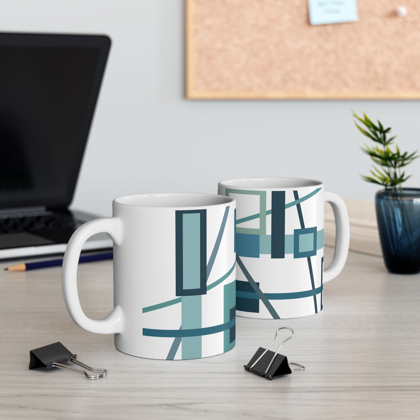 Modern Teal Geometric Abstract Mug | Aqua & Navy Blue Architectural Coffee Cup | Minimalist Designer Tea Mug | Clean Line Desk Decor | Mid-Century Kitchenware | 11 oz Mug