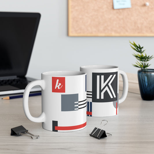 "K" Geometric Grid – Bauhaus Abstract Monogram Mug | 11 oz Mug